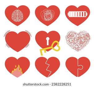 Heart shapes with different filling. Scribble,with lock hole and key, healthy plain color, broken heart, puzzle, burning flame heart. Isolated vector elements.