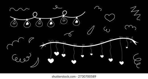 herzformen Doodle kollektion verfügt über weiße string lichter durchsetzt mit und dekorative hängende elemente schaffen eine romantische festliche rand illustration auf schwarz.