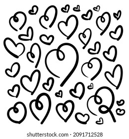 Heart shapes doodles collection. Black line sketches. Vector illustration, flat design