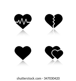 Heart shapes drop shadow icons set. Cardiology clinic cast shadow logo concepts. Heartbeat rhythm, broken heart, love sign and romantic relationship symbol. Vector black silhouette illustrations