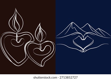 Formas de corazón con llamas y montañas