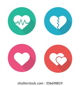 Heart shapes flat design icons set. Cardiology clinic logo concept. Long shadow pictograms. Heartbeat rhythm, broken heart, love sign, romantic relationship white silhouette vector illustrations