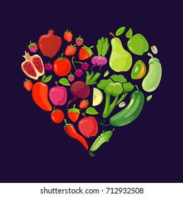 Heart shapes with fruits and vegetables. Diet nutrition organic, vector illustration