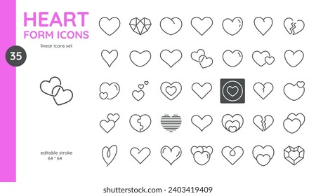 Heart Shapes Icon Set: Valentine's Day Love Symbols, and Pictograms. Editable Linear Collection with Modern, Trendy Designs - Puzzle, Broken, Linear, Geometric Hearts for Romance, Weddings and Cards.