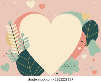 Heart Shapes And Leaves Decorated Background With Copy Space. Valentine's Day Concept.