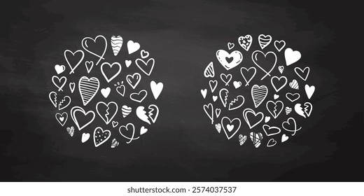 Heart shapes made of various white doodle hearts on blackboard background in flat style


