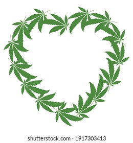 Herzformen mit Marihuana-Blatt-Vektorgrafik einzeln auf weißem Hintergrund. Das Symbol der Liebe für den Valentinstag. Cannabis hinterlässt Vektorgrafik. Gesundheitswesen und medizinisches Konzept.