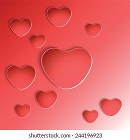 Heart shapes on red background. Vector illustration. 