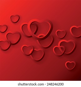 Heart shapes on the red background to the Valentine's day. Vector illustration. 