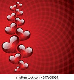 Heart shapes on the red pattern background to the Valentine's day. Vector illustration. 