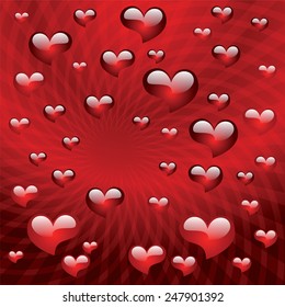Heart shapes on the red pattern background to the Valentine's day. Vector illustration. 