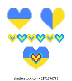 Heart shapes on white background in Ukrainian flag yellow blue colors and seamless border for embroidery, Vyshyvanka design. Simple print for stickers, poster and banner for celebration independence o