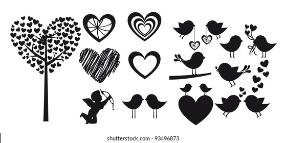 Heart shapes on white background, vector silhouette