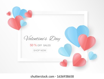 Heart shapes paper cut style for valentine's day sale white background,invitation and brochure template.Off sale for shopping at shop.