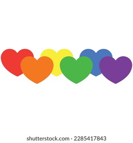 Formas cardíacas en colores arcoiris, diseño de objetos vectoriales simples de estilo plano para el mes del orgullo, el romance, la igualdad, celebración de todos los géneros. Diseño gráfico aislado en blanco.