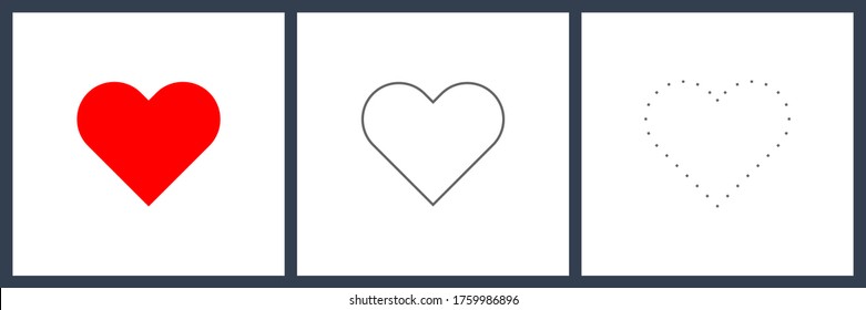 Heart Shapes with Red Fill Color, Outline and Dashed Line isolated on White Background. Usable for Coloring Picture and Kids Education. Flat Vector Design Template Elements.