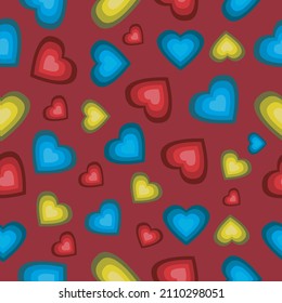 Heart shapes repeating pattern with multicolored layers, scattered around on a red background vector design