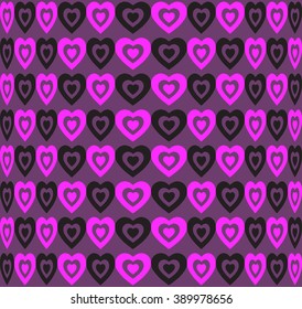 Heart shapes seamless geometrical pattern. Illusion background. Black and purple