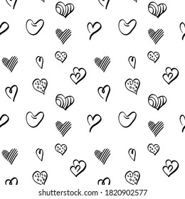 Heart shapes seamless pattern. Black and white doodle print for valentine day decoration. Vector illustration.