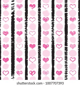 Heart shapes seamless pattern on retro pop up grunge brush endless background for Valentines or Mother's day design. 8 March Women's Day or love, symbols. Vector.