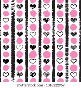 Heart shapes seamless pattern on retro pop up grunge brush endless background for Valentines or Mother's day design. 8 March Women's Day or love, symbols. Vector.