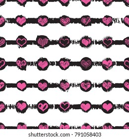 Heart shapes seamless pattern on retro pop up grunge brush endless background for Valentines or Mother's day design. 8 March Women's Day or love, symbols. Vector.