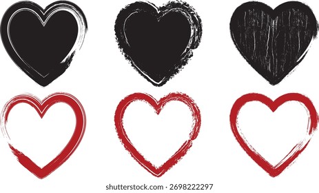 Formas de corazón en negro y rojo con ilustración de estilo artístico afligido con textura Grunge