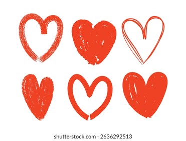 Formas cardíacas definidas. Desenhado à mão Coração doodle coleção de esboço. tinta giz grunge formas de coração, Scribble romance e símbolo de amor, elementos ilustração vetor decorativo
