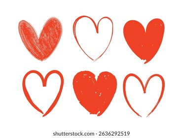 Heart shapes set. Hand drawn Heart doodle sketch collection. ink chalk grunge heart shapes, Scribble romance and love symbol, elements decorative vector illustration