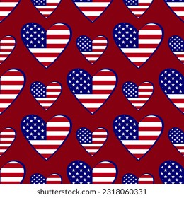 Heart shapes with Unites States flag. 4th of July Stars Stripes Abstract Seamless Vector Pattern in USA Flag Colors. American Independence Day vector of blue red white flag stars and stripes hearts