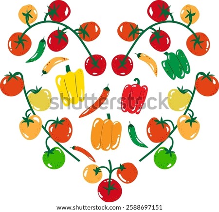 Heart shapes of vegetable, tomatoes, chilli, peppers