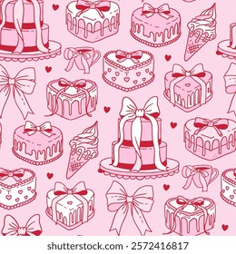 Heart shapes vintage cakes seamless pattern with melting leaks in contour cartoon coquette style. Hand drawn nostalgic dessert vector illustration. Funny birthday, Valentine's day background