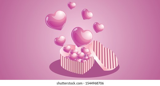 Heart shapped box and pink glossy hearts illustration 