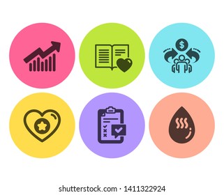 Heart, Sharing economy and Love book icons simple set. Checklist, Demand curve and Hot water signs. Star rating, Share. Flat heart icon. Circle button. Vector