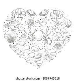 Heart with shell, starfish, calm, stone. Vector set for design in sea beach style. Line, contour exotic shells