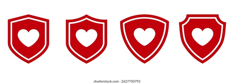 Heart shield icon set. Red security emblem with white heart symbol. Flat vector protection badge with love shape. Safety and care metaphor design for health, insurance, and charity branding.