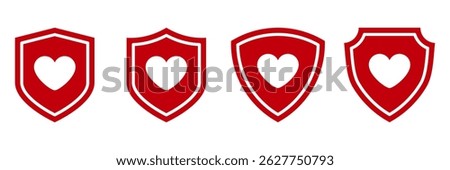 Heart shield icon set. Red security emblem with white heart symbol. Flat vector protection badge with love shape. Safety and care metaphor design for health, insurance, and charity branding.