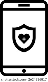 heart with shield illustration on screen phone with cross symbol, healthcare or medical outline icon design