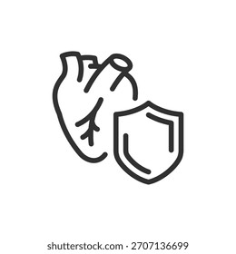 Corazón con escudo, icono lineal. Salud cardiovascular y protección. Línea con trazo editable.