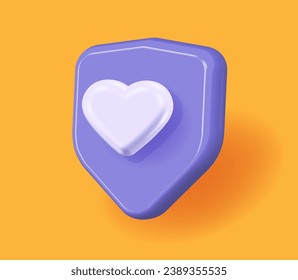 Schutz des Herzschutzschildes 3D-Symbol, Vektorgrafik, Schutz der modernen Krankenversicherung Lebensversicherung Schutz machen Cartoon-Design violett, Sicherheitszeichen für Unterkünfte, Video-Clip für medizinische Verteidigung 