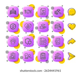 Heart, Shields and Money tax line icons. App 3d buttons. Social media comment, share, like icons. Pack of Warning road, Leaf, Accounting checklist icon. Report, Card, Pet friendly pictogram. Vector
