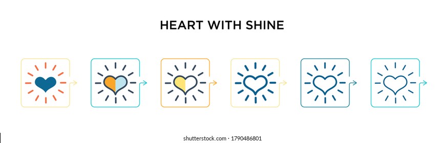 Corazón con icono del vector brillo en 6 estilos diferentes. Negro, corazón de dos colores con iconos brillantes diseñados en el estilo relleno, contorno, línea y trazo. La ilustración vectorial puede utilizarse para la web, 