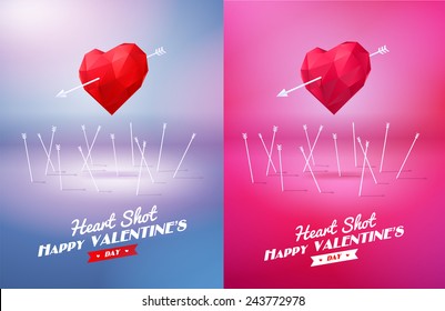 Heart shot. Two red origami heart  pierced by an arrow. Vector Illustration. Abstract polygonal heart. Love symbol. Low-poly colorful style. Romantic background for Valentines day. Eps 10