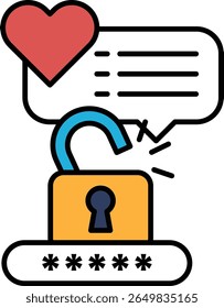 A heart is shown above a lock with a keyhole. The lock is open and the keyhole is empty. Concept of unlocking something important or valuable
