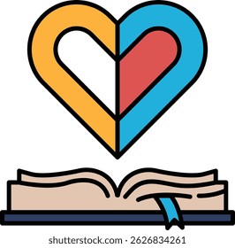 A heart is shown with a book open, with the book's pages showing the words "love" and "knowledge". The heart and book symbolize the importance of love and knowledge in one's life