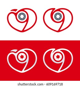 Heart and shutter shaped minimal photography logo design with love theme. Vector illustration icon templates. 