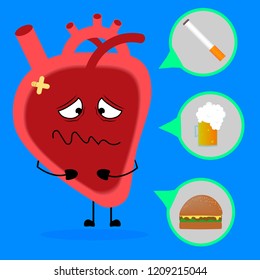 Heart sick by consequences of a bad life. vector, illustration.