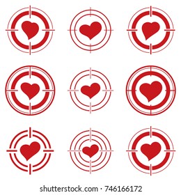 Heart in a sight. Set of heart icons.
