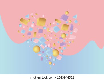 Heart  sign of 3d figures realistic vector primitives composition  with flying objects and  shapes in motion isolated. Material design for web and print futuristic decoration 