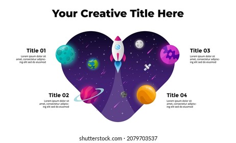 Heart sign. Circle diagram. Startup vector infographic. Rocket launch into space. Universe background. Presentation slide template. Business success chart. 4 steps.